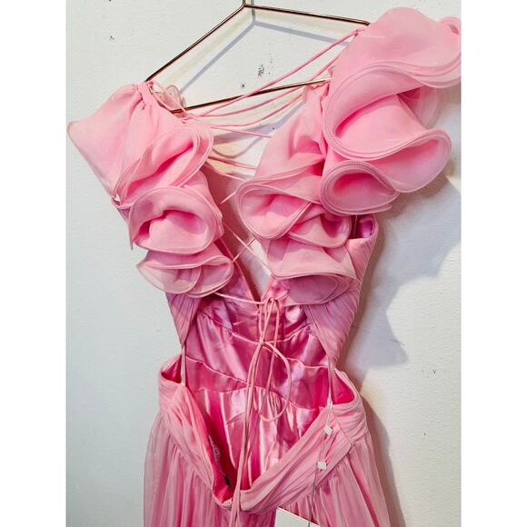 MAC DUGGAL Blush Pink Ruffle Tiered Cut-Out Back Lace Up Maxi Dress Size 2 NWT - Picture 10 of 12